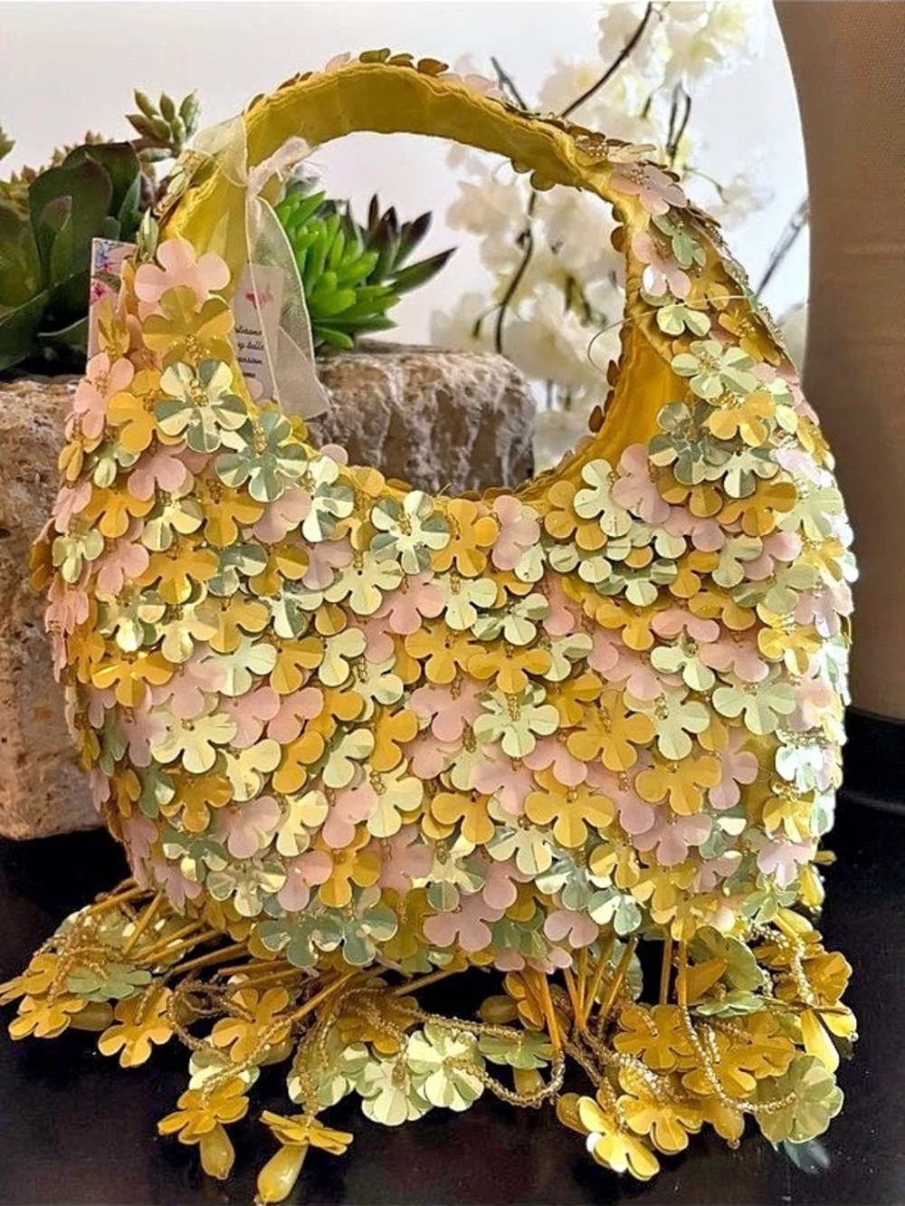 Floral Sequin Shoulder Bag in Gold & Pink